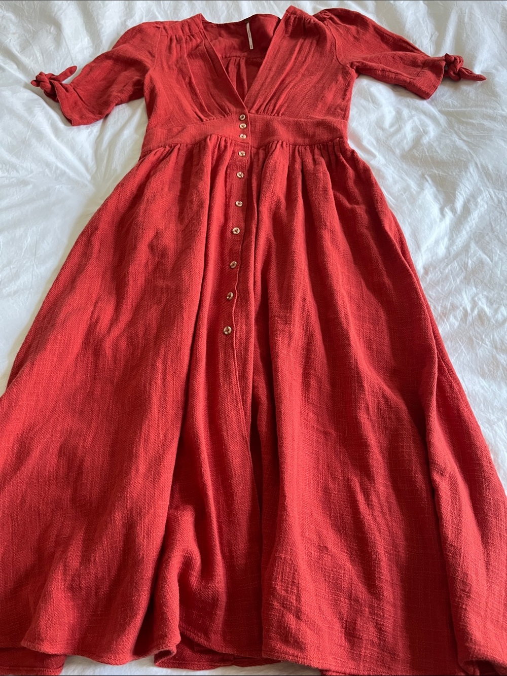 Free People Love of My Life Midi Dress in a rust Orange/Red Pumpkin Fall Dress
